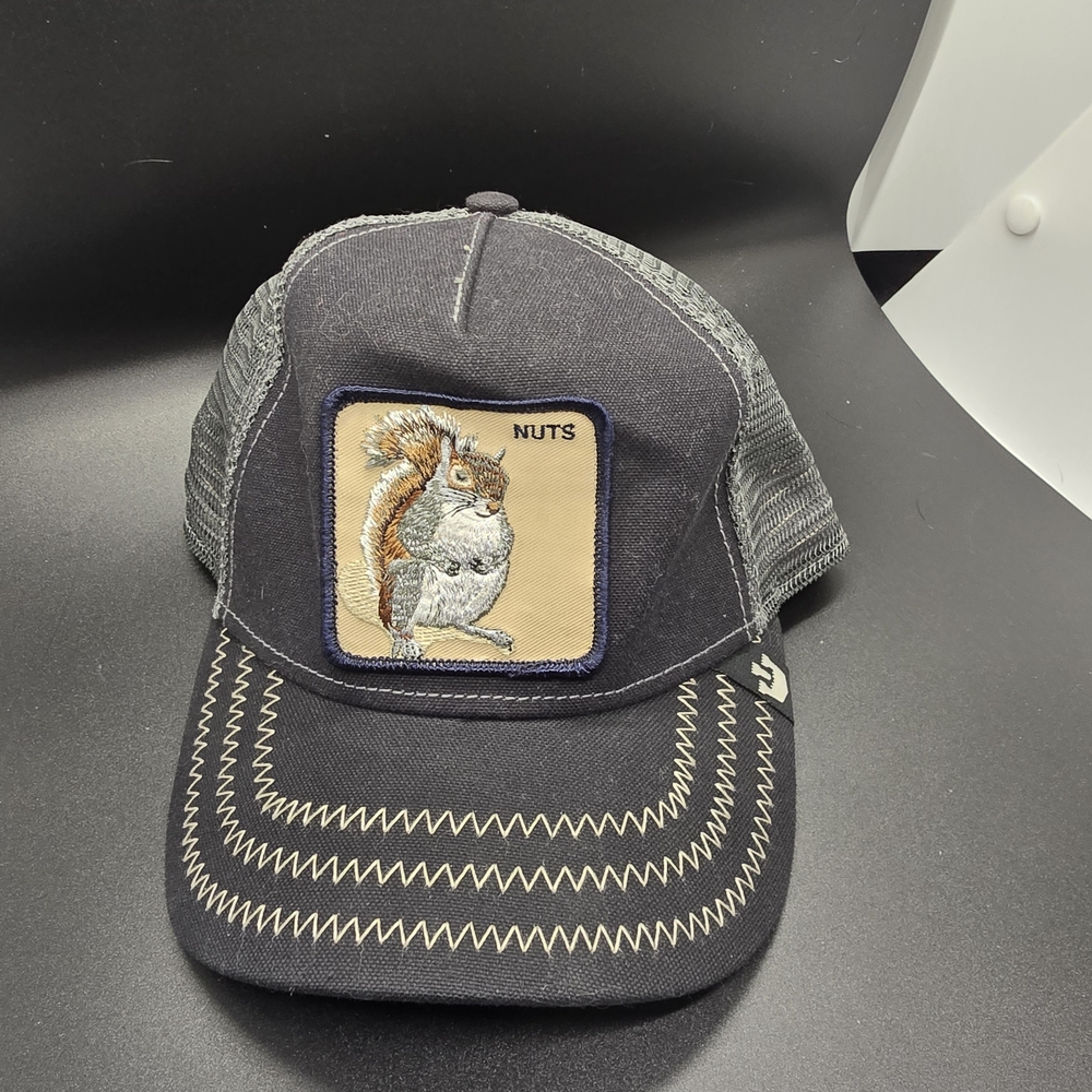 New Goorin Bros “Squirrel Master” Nuts The Farm Trucker Hat Black, Blue & Grey